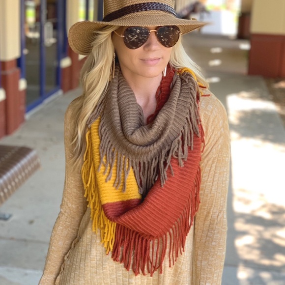 Yellow, rust, brown infinity fringe scarf - Picture 3 of 7